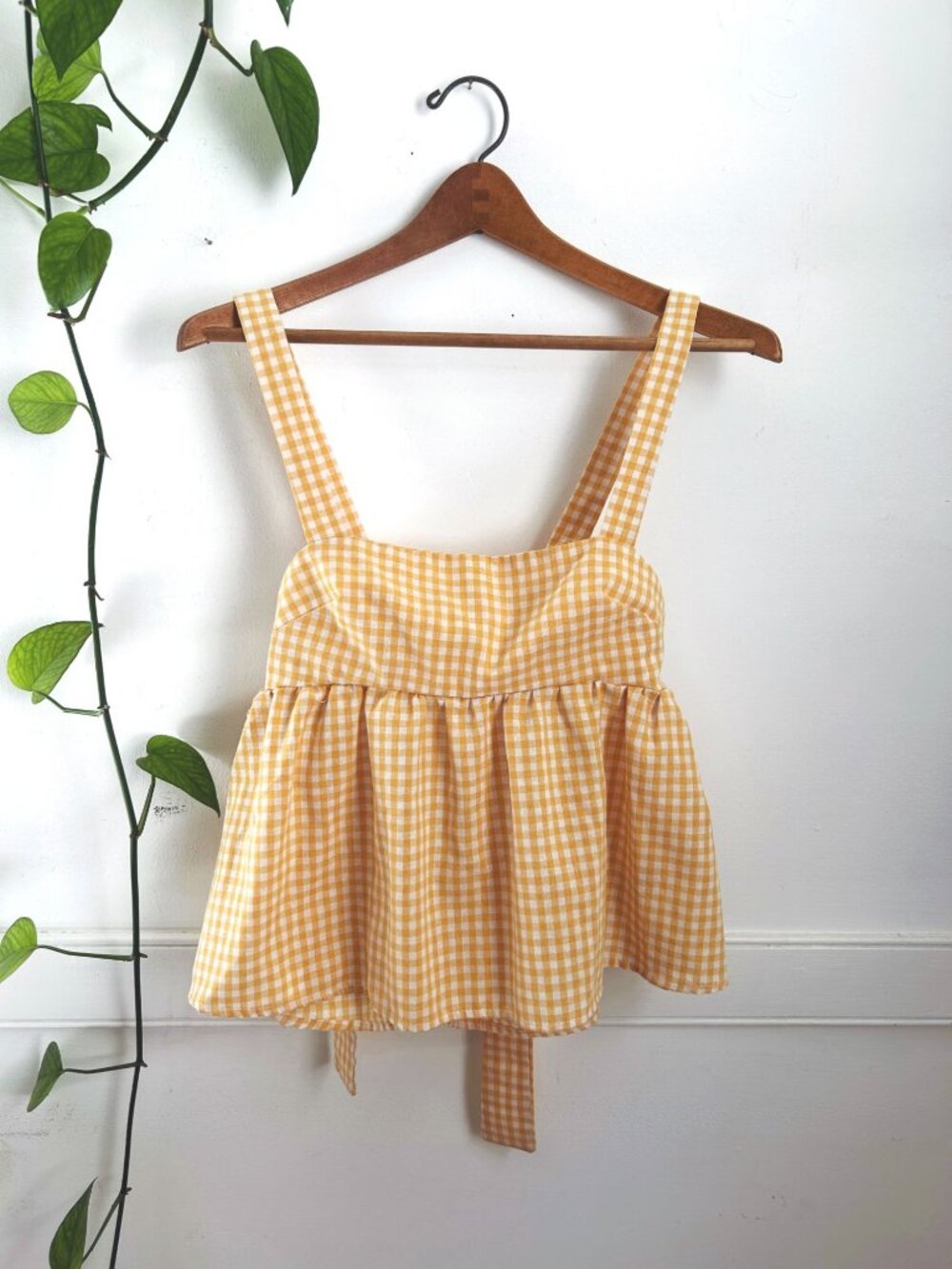 Yellow Gingham Peplum Top Open Back Tie Square Neckline Coquette Cottagecore S M - Picture 3 of 7